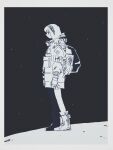  1girl backpack bag boots border closed_mouth freckles from_side full_body gloves greyscale headgear helmet highres jacket long_sleeves monochrome original outside_border pointy_nose profile shoes short_hair signature sky solo soyacomu space space_helmet standing star_(sky) starry_sky 