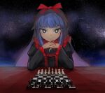  1girl bishop_(chess) black_dress black_sleeves black_souls blue_eyes blue_hair board_game chess chess_piece chessboard closed_mouth commentary dress elbows_on_table fyxq hair_ribbon highres king_(chess) knight_(chess) long_hair long_sleeves mabel_(black_souls) night night_sky own_hands_together pawn_(chess) queen_(chess) red_ribbon ribbon rook_(chess) sky smile solo star-shaped_pupils star_(sky) star_(symbol) starry_background starry_sky symbol-shaped_pupils upper_body 