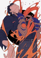  alien armor armored_gloves bbbb_fex black_hair choke_hold collared_shirt evol_driver gloves gold_armor highres isurugi_souichi kamen_rider kamen_rider_build_(series) kamen_rider_evol long_sleeves male_focus multiple_boys ooze pants possessed science_fiction shirt short_hair strangling tokusatsu transformation 