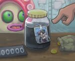  callie_(splatoon) coin highres holding holding_jar ink inkling jar octarian_(enemy) octoling octotrooper photo_(object) pointing price price_tag shop splatoon_(series) takamame 