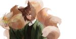  1boy absurdres animal_ears black_vest brown_hair chinese_commentary closed_mouth collared_shirt commentary_request fox_boy fox_ears fox_tail green_jacket harada_mutei highres jacket kemonomimi_mode kitsune kyuubi lizi_hua_guaishou long_sleeves male_focus multiple_tails open_clothes open_jacket rainbow_gradient red_eyes saibou_shinkyoku shirt short_hair simple_background tail upper_body vest white_background white_shirt wide_sleeves 