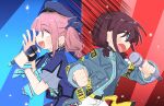  2girls belt black_choker blue_background blue_eyes blue_hat blue_jacket blue_shirt blush brown_hair choker commentary dotty-44 from_side girls_band_cry hat highres hina_(girls_band_cry) holding holding_microphone iseri_nina jacket microphone multiple_girls music open_mouth pink_hair red_background shirt short_sleeves short_twintails singing sweatdrop twintails upper_body 