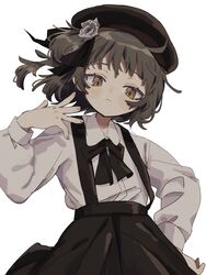  1girl absurdres beret black_hat black_ribbon black_skirt brown_eyes brown_hair closed_mouth collared_shirt flower hand_up hat hatoba_tsugu highres long_sleeves looking_at_viewer neck_ribbon ribbon saku_(saku_3193) shirt short_hair skirt solo suspender_skirt suspenders tsugu_(vtuber) virtual_youtuber white_background white_flower white_shirt 