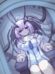  1girl ahoge aihira_(aihira12) antenna_hair azure_striker_gunvolt cable dress empty_eyes expressionless highres long_hair mind_control on_chair purple_hair sitting solo violet_eyes white_dress 