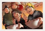  4boys :d ^_^ akimichi_chouji black_eyes black_hair black_headband black_jacket blonde_hair blue_eyes border brown_hair chopsticks closed_eyes food forehead_protector grin headband highres holding holding_chopsticks inuzuka_kiba jacket konohagakure_symbol multiple_boys nara_shikamaru naruto_(series) naruto_shippuuden noodles pnpk_1013 ramen red_headband short_ponytail smile steam upper_body uzumaki_naruto white_border 