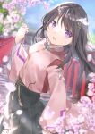  1girl absurdres black_hair black_skirt blurry blurry_background cherry_blossoms day detached_sleeves hair_ornament hairclip hand_up heaven_burns_red highres nikaidou_misato outdoors skirt solo standing tsumugi-t violet_eyes wide_sleeves 