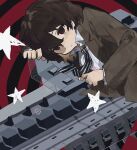  1boy akechi_gorou brown_hair brown_jacket closed_mouth collared_shirt gelato1014 hair_between_eyes hatching_(texture) highres jacket long_sleeves male_focus necktie open_clothes open_jacket persona persona_5 red_eyes shirt short_hair star_(symbol) striped_clothes vertical-striped_clothes vertical-striped_necktie white_shirt 