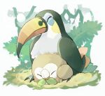  animal_focus bird closed_eyes closed_mouth commentary_request hiratai_tori leaf nest no_humans outdoors plant pokemon pokemon_(creature) rowlet toucannon 