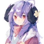  1girl ahoge blue_hair closed_mouth flower fur-trimmed_kimono fur_trim hair_between_eyes horn_flower horns japanese_clothes kimono kindred_(league_of_legends) lamb_(league_of_legends) league_of_legends no_mask red_eyes signature simple_background smile spirit_blossom_kindred upper_body white_background yellow_flower ying_zui_yu_weiba_de_shengzhang 