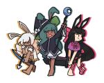  3girls :d animal_ears arm_up arrow_(projectile) barefoot black_dress black_hair black_hat blue_eyes blue_ribbon blunt_bangs bow bow_(weapon) brown_eyes capelet chibi closed_mouth colored_shadow commentary crescent dark-skinned_female dark_skin drawing_bow dress drop_shadow ears_through_headwear english_commentary expressionless foot_wraps full_body greatsword green_hair hair_ribbon hat hat_bow heavyblade_rabbit holding holding_bow_(weapon) holding_staff holding_sword holding_weapon long_hair long_sleeves looking_afar looking_to_the_side medium_bangs multiple_girls open_mouth pink_bow pink_ribbon purple_capelet rabbit_and_steel rabbit_ears rabbit_girl ribbon shadow simple_background slascoplerd sleeveless sleeveless_dress smile sniper_rabbit staff sword very_long_hair violet_eyes weapon white_background white_bow white_dress white_hair witch_hat wizard_rabbit 