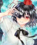  1girl alto2019 black_hair black_wings camera commentary hat holding holding_camera looking_at_viewer pointy_ears pom_pom_(clothes) red_eyes red_hat sample_watermark shameimaru_aya short_hair short_sleeves solo tokin_hat touhou upper_body watermark wings 