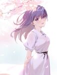  1girl arms_behind_back blush breasts cherry_blossoms commentary dress fate/stay_night fate_(series) hair_ribbon highres long_hair looking_at_viewer matou_sakura official_alternate_costume open_mouth petals purple_hair red_ribbon ribbon short_sleeves siino smile solo violet_eyes 