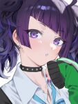  1girl black_choker blue_bow blue_bowtie bow bowtie choker commentary diagonal_bangs ear_piercing earrings eyelashes green_jacket hand_up head_tilt highres idolmaster idolmaster_shiny_colors jacket jewelry light_blush long_sleeves looking_at_viewer medium_hair nail_polish parted_lips piercing purple_hair purple_lips purple_nails shirt sidelocks sleeves_past_fingers sleeves_past_wrists solo tanaka_mamimi twintails upper_body violet_eyes wavy_hair white_background white_shirt yumeme_818 