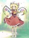  1girl ascot blonde_hair crystal_wings dress flandre_scarlet frilled_dress frills full_body hat hat_ribbon highres nene_man puffy_short_sleeves puffy_sleeves red_dress red_eyes red_ribbon ribbon short_sleeves side_ponytail smile socks solo touhou white_mob_cap wrist_cuffs yellow_ascot 