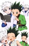  2boys :3 ? ^_^ absurdres arms_behind_head aruminsuko black_hair blue_eyes blush book brown_eyes closed_eyes fang gon_freecss hair_between_eyes highres holding holding_book hunter_x_hunter jacket killua_zoldyck layered_sleeves long_sleeves male_focus multiple_boys multiple_views musical_note o_o open_mouth puff_of_air shirt shorts simple_background sleeveless spiky_hair spoken_question_mark spoken_sweatdrop sweat sweatdrop turtleneck white_background white_hair 