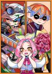  1boy 1girl absurdres blue_eyes blue_hair blush border bouquet chinese_commentary citrusplatsoda closed_eyes closed_mouth colored_tips commentary_request flower green_hair grizzco_splatana_(splatoon) hands_on_own_face heart heart-shaped_pupils highres holding holding_bouquet inkling inkling_boy inkling_player_character long_hair mining_helmet multicolored_hair multiple_views octoling octoling_girl octoling_player_character open_mouth orange_border orange_hair outside_border pink_flower pink_hair pink_rose pointy_ears red_background rose short_hair splatoon_(series) symbol-shaped_pupils tentacle_hair topknot two-tone_hair wavy_mouth white_background yellow_eyes 