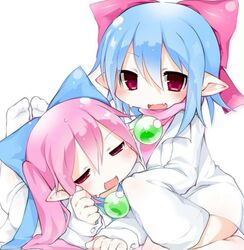 2000s_(style) 2girls bare_legs blancheneigelapin_(character) blue_bow blue_hair bow canihavepromo coat fang feet female_child hair_bow loli long_sleeves open_mouth orb original oversized_clothes pale_skin pink_bow pink_hair pink_shirt pointy_ears ponytail red_eyes siblings sisters sleeves_past_fingers sleeves_past_wrists socks stockings sweatdrop turtleneck turtleneck_shirt twins white_background white_coat white_sleeves white_socks