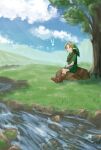  1boy boots brown_footwear clouds cloudy_sky fairy fire_emblem grass green_tunic highres holding_ocarina leather leather_boots link navi outdoors river rock sitting sitting_on_rock sky the_legend_of_zelda the_legend_of_zelda:_ocarina_of_time tree young_link yuuyou_(link1357zelda) 