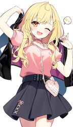  1girl black_jacket black_skirt blonde_hair commentary cowboy_shot hair_ornament hairclip heart-shaped_bag high-waist_skirt highres holding holding_clothes holding_jacket hoshikawa_sara hoshikawa_sara_(8th_costume) jacket long_hair looking_at_viewer multicolored_hair nijisanji nozomu144 one_eye_closed open_mouth pink_ribbon pink_shirt red_nails ribbon shirt short_sleeves simple_background skirt smile solo spoken_sparkle streaked_hair symbol-only_commentary virtual_youtuber wavy_hair white_background x_hair_ornament yellow_eyes 