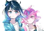  2girls 3yk0_h black_hair blue_eyes blush dot_(pokemon) eyelashes hair_ornament hair_over_eyes hairclip jacket liko_(pokemon) multicolored_hair multiple_girls open_clothes pink_hair pokemon pokemon_(anime) pokemon_horizons purple_hair shirt short_hair tank_top upper_body violet_eyes white_shirt 