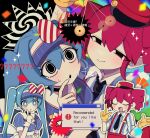  2girls ? black_background black_choker black_eyes black_hat black_necktie blue_hair blue_hat blue_shirt bow bright_pupils choker closed_eyes closed_mouth coin collared_shirt confetti cursor diagonal-striped_bow english_text gloves hair_bow half-closed_eyes hand_up hat hat_bow hatsune_miku highres holding holed_coin hypnosis kasane_teto long_hair looking_at_viewer mesmerizer_(vocaloid) microsoft_windows mind_control multiple_girls necktie open_mouth pants parted_lips pixel_text pointing pointing_up puffy_short_sleeves puffy_sleeves red_bow red_hat red_pants senn10000 shirt short_sleeves smile sparkle striped_bow twintails two-tone_bow two-tone_hat two-tone_shirt upper_body utau very_long_hair visor_cap vocaloid white_bow white_pupils white_shirt window_(computing) yellow_gloves 
