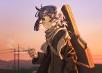  1girl black_coat blue_hair bocchi_the_rock! brown_scarf brown_sweater cigarette coat guitar_case highres holding holding_cigarette instrument_case morning myjet outdoors power_lines scarf smoke solo sweater utility_pole yamada_ryo yellow_eyes 