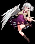  1girl antenna_hair black_background boots brown_footwear carbohydrate_(asta4282) commentary_request dress full_body grey_hair highres index_finger_raised kishin_sagume long_sleeves looking_at_viewer purple_dress red_eyes short_hair simple_background single_wing solo touhou white_wings wings 
