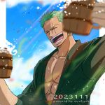  1boy :d alcohol beer birthday dated day green_hair japanese_clothes kimono male_focus one_piece pectoral_cleavage pectorals qunhyskoa roronoa_zoro scar scar_across_eye short_hair smile solo toasting_(gesture) upper_body 