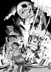  1boy 1girl angry bag clenched_hand destruction exhaust explosion fleeing floating_hair greyscale highres holding holding_bag looking_at_another mecha monochrome motion_lines original outstretched_arms piloting plastic_bag pleated_skirt punching robot rocket_punch running scared shirt shoes short_hair short_sleeves shoulder_bag shoulder_cannon skirt smoke t-shirt yamaso 