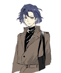  1boy :| bag black_bag black_eyes black_sweater blue_hair brown_coat closed_mouth coat collared_coat cropped_torso dark_blue_hair long_sleeves male_focus mature_male ni_le_zongzhi saibou_shinkyoku short_hair shoulder_bag simple_background solo sweater turtleneck turtleneck_sweater utsugi_noriyuki white_background 