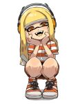  1girl absurdres blonde_hair commentary_request cross-laced_footwear hands_on_own_face headphones highres ikachan_pochan inkling inkling_girl inkling_player_character long_hair looking_at_viewer open_mouth orange_eyes orange_footwear orange_shirt shirt shoes simple_background smile solo splatoon_(series) squatting striped_clothes striped_footwear striped_shirt teeth tentacle_hair two-tone_footwear two-tone_shirt white_background white_footwear white_shirt 