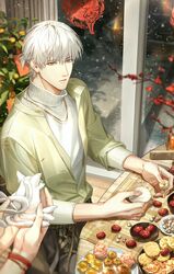  1boy absurdres bracelet dried_jujube flower food green_jacket highres holding indoors jacket jewelry light_and_night_love lotus_seeds male_focus mooncake necklace nine-tailed_fox orange_tree pants papercutting peanut plum_blossoms pov qi_sili shirt short_hair solo_focus sweater table white_hair white_shirt white_sweater window xuanyuan_de_lei yellow_eyes 