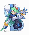  1girl armor black_bodysuit bodysuit cowboy_shot crop_top crotch_plate green_hair helmet highres holding holding_staff long_hair looking_at_viewer mega_man_(series) mega_man_zx model_w_(mega_man) omeehayo pandora_(mega_man) power_armor red_eyes simple_background solo staff twitter_username white_armor white_background white_helmet 