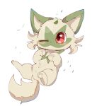  baniragum blush cat closed_mouth full_body green_fur highres looking_at_viewer lying no_humans on_back one_eye_closed pink_eyes pokemon simple_background solo sprigatito two-tone_fur white_background 