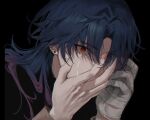  1boy bandaged_fingers bandaged_hand bandages black_hair blade_(honkai:_star_rail) blood covering_face crying crying_with_eyes_open earrings fractalmagnolia hair_intakes hands_on_own_face honkai:_star_rail honkai_(series) jewelry long_hair looking_at_viewer male_focus multicolored_hair orange_eyes parted_bangs portrait solo streaked_hair tears wrist_cutting 