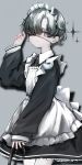  1other absurdres androgynous apron august. black_dress closed_mouth collared_dress dress eyepatch frilled_apron frills grey_background grey_eyes grey_hair gun hand_up highres holding long_sleeves looking_at_viewer maid maid_apron maid_headdress original other_focus pantyhose short_hair simple_background sleeves_past_wrists smile solo sparkle weapon white_apron white_pantyhose 