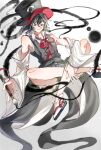  1other black_eyes black_footwear black_hair black_headwear commentary_request crossed_legs detached_sleeves enraku_tsubakura gradient_background highres len&#039;en looking_at_viewer socks solo white_background white_socks wide_sleeves yoni. 