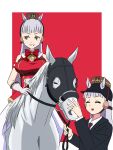  =_= animal_ears benjamin_(user_cajx4852) black_helmet black_jacket blunt_bangs bow bowtie clone collared_shirt cosplay creature_and_personification dress ears_through_headwear gloves gold_ship_(racehorse) gold_ship_(umamusume) grey_hair grin highres horse horse_ears horse_girl horseback_riding imanami_takatoshi imanami_takatoshi_(cosplay) jacket long_hair looking_to_the_side necktie pillbox_hat purple_necktie real_life red_background red_bow red_bowtie red_dress riding shirt simple_background sleeveless sleeveless_dress smile umamusume violet_eyes white_gloves white_shirt 