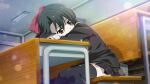  1girl black_hair black_skirt black_thighhighs bow covered_mouth covering_own_mouth crossover desk hair_bow head_on_table highres higurashi_no_naku_koro_ni_mei indoors kiyoura_setsuna looking_to_the_side non-web_source pleated_skirt red_bow red_eyes school_days school_desk school_uniform sitting skirt solo thigh-highs watanabe_akio 