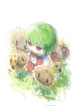  1girl ascot crossover flower fumo_(doll) ge_dazuo green_hair highres kazami_yuuka long_sleeves open_clothes open_vest outdoors plants_vs_zombies red_eyes red_skirt red_vest shirt signature skirt skirt_set solo sunflower sunflower_(plants_vs_zombies) touhou vest white_shirt yellow_ascot 