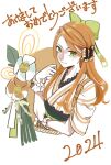  1girl 2024 bow closed_mouth dated etie_(fire_emblem) fire_emblem fire_emblem_engage flower green_bow green_eyes highres japanese_clothes long_hair orange_flower orange_hair orange_wristband solo swept_bangs translation_request white_flower window_fe 