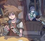  2boys bedroom blue_eyes blue_pants book brown_hair cellphone chain chain_necklace closed_mouth clouds cloudy_sky commentary_request crown_necklace fingerless_gloves gloves highres holding holding_phone hood hooded_jacket indoors jacket jewelry kingdom_hearts kingdom_hearts_i looking_at_another multiple_boys necklace night objectification ohji130 on_bed pants phone red_shirt riku_(kingdom_hearts) sheriff_woody shirt short-sleeved_jacket short_hair short_sleeves sitting sky sleeveless sleeveless_shirt sora_(kingdom_hearts) spiky_hair white_gloves white_hair white_jacket yellow_shirt zipper zipper_pull_tab 