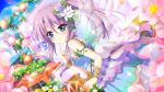  1girl aqua_eyes back_bow blue_dress blue_flower blue_sky blurry blurry_foreground blush bow breasts bush cart closed_mouth day dot_nose dress dutch_angle fairy_wings film_grain finger_to_own_chin flower from_side game_cg hair_flower hair_ornament high_ponytail ivy izumi_tsubasu large_bow lens_flare long_hair looking_at_viewer non-web_source official_art outdoors pink_flower purple_hair re:stage! red_flower screen sidelocks sky small_breasts smile solo sparkle stage stage_lights transparent_wings tsukisaka_sayu white_bow white_flower wings wristlet yellow_flower 