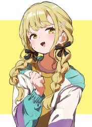  1girl black_ribbon blonde_hair blush braid clenched_hand commentary fujita_kotone gakuen_idolmaster hair_ornament hair_ribbon hairclip idolmaster jacket jamir long_hair long_sleeves looking_at_viewer open_clothes open_jacket open_mouth ribbon shirt simple_background solo sweat twin_braids two-tone_background upper_body yellow_eyes 