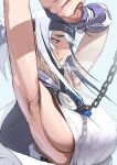 1girl absurdres bare_arms black_headband blue_eyes breasts chain character_request headband highres kantai_collection large_breasts sannsogyoraikai sideboob solo white_hair 