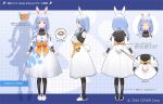  1girl animal_ears animal_slippers aqua_hair black_bodysuit bodysuit bow braid carrot character_name copyright_notice dress food_print full_body hikosan hololive long_hair looking_at_viewer multicolored_hair official_art orange_bow orange_sash pantyhose pekomama puffy_sleeves rabbit_ears rabbit_girl rabbit_tail red_eyes reference_sheet single_braid slippers smile solo streaked_hair tachi-e tail virtual_youtuber white_dress white_footwear white_hair 