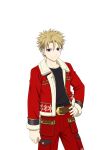  1boy belt black_shirt blonde_hair clenched_hand hand_on_own_hip jacket long_sleeves looking_at_viewer male_focus official_art open_clothes open_jacket pants pocket red_jacket red_pants scar scar_on_face shirt snowflake_print star_(symbol) tales_of_(series) tales_of_asteria tales_of_link transparent_background violet_eyes zepha_(tales) 