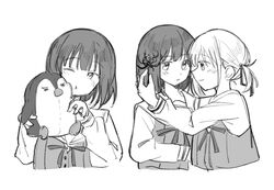  2girls aged_down arm_around_neck blush closed_mouth eye_contact flower greyscale hair_ribbon highres holding holding_flower holding_stuffed_toy inoue_takina jenjen long_sleeves looking_at_another lycoris_recoil monochrome multiple_girls neck_ribbon nishikigi_chisato one_eye_closed ribbon school_uniform serafuku short_hair smile spider_lily stuffed_animal stuffed_penguin stuffed_toy yuri 