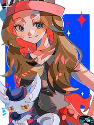  1girl black_shirt blue_eyes closed_mouth eyewear_on_headwear hami_(3hm6gebdf619771) hat light_brown_hair long_hair meowstic meowstic_(female) pokemon pokemon_(creature) pokemon_xy red_hat serena_(pokemon) shirt sleeveless sleeveless_shirt smile split_mouth sunglasses white-framed_eyewear 