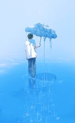  1boy black_hair blue_pants from_behind highres holding holding_umbrella male_focus original pants rain rido_(ridograph) shirt short_hair soaking_feet solo umbrella very_short_hair water white_shirt 
